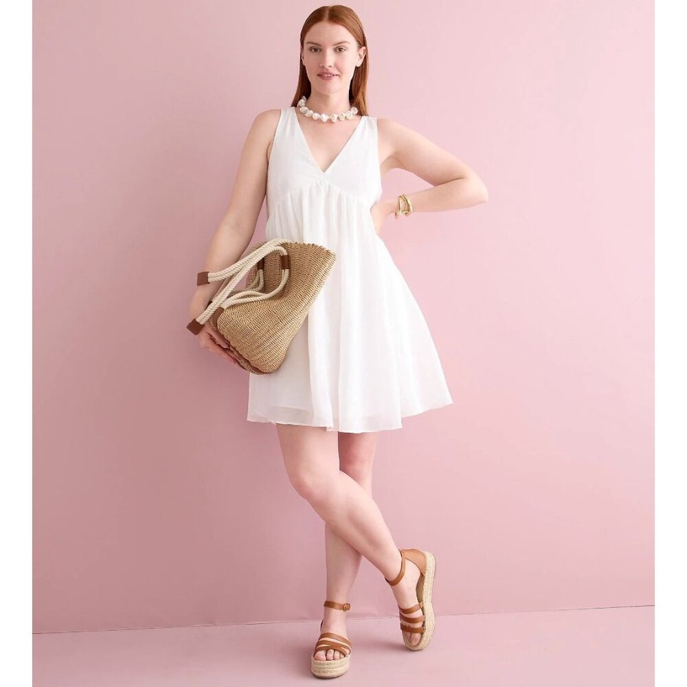 🆕J CREW Swingy V-Neck Mini Kelly Dress White Ramie Small #BI661